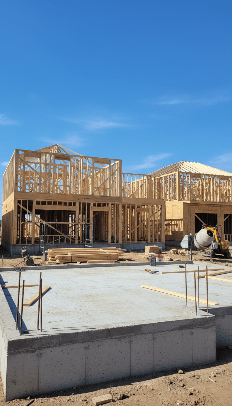 New home foundation and framing under construction