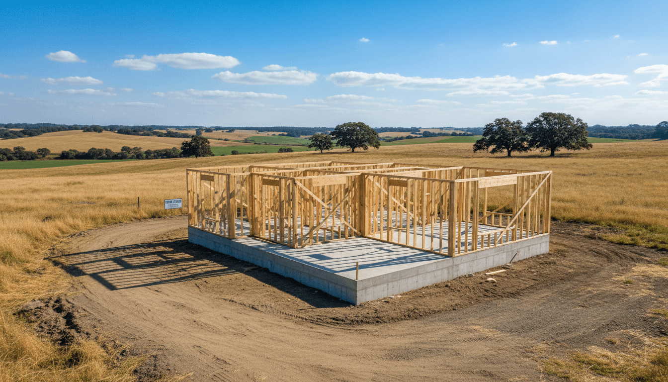 New home construction site with wood framing and concrete foundation