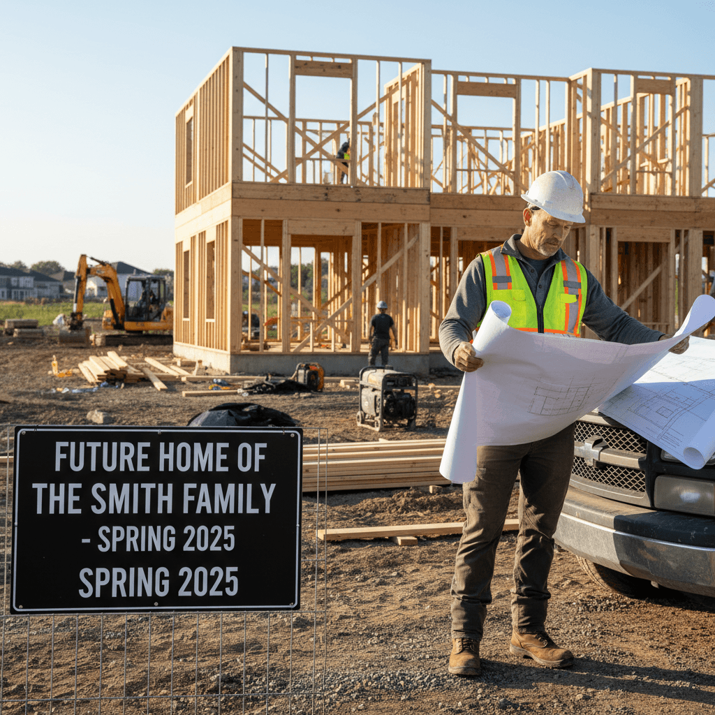 Builder reviewing construction plans at a job site