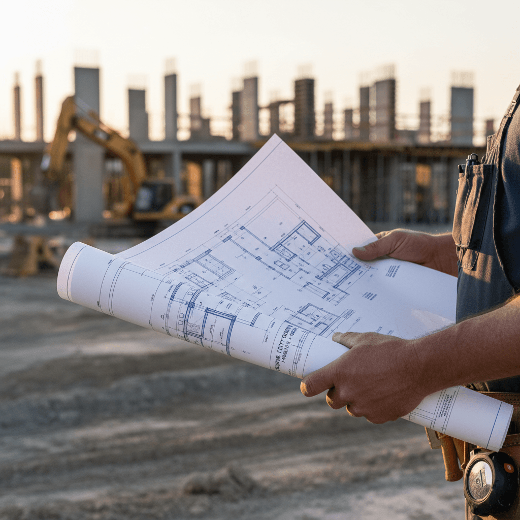 Close-up of a builder's hands holding a set of architectural plans on a job site
