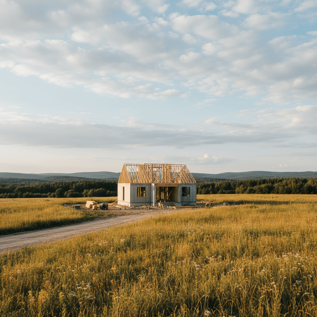 A single house frame standing alone on a lot