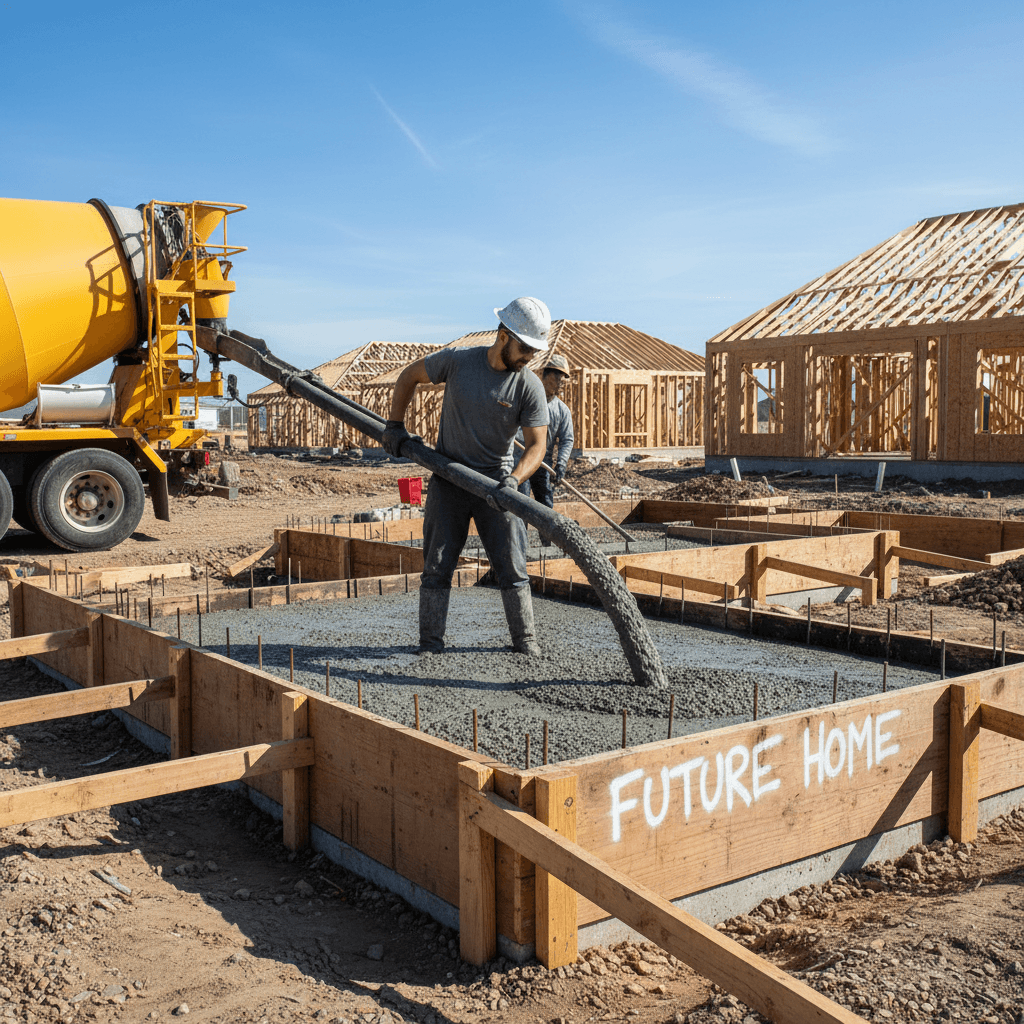 Concrete foundation being poured for a new home