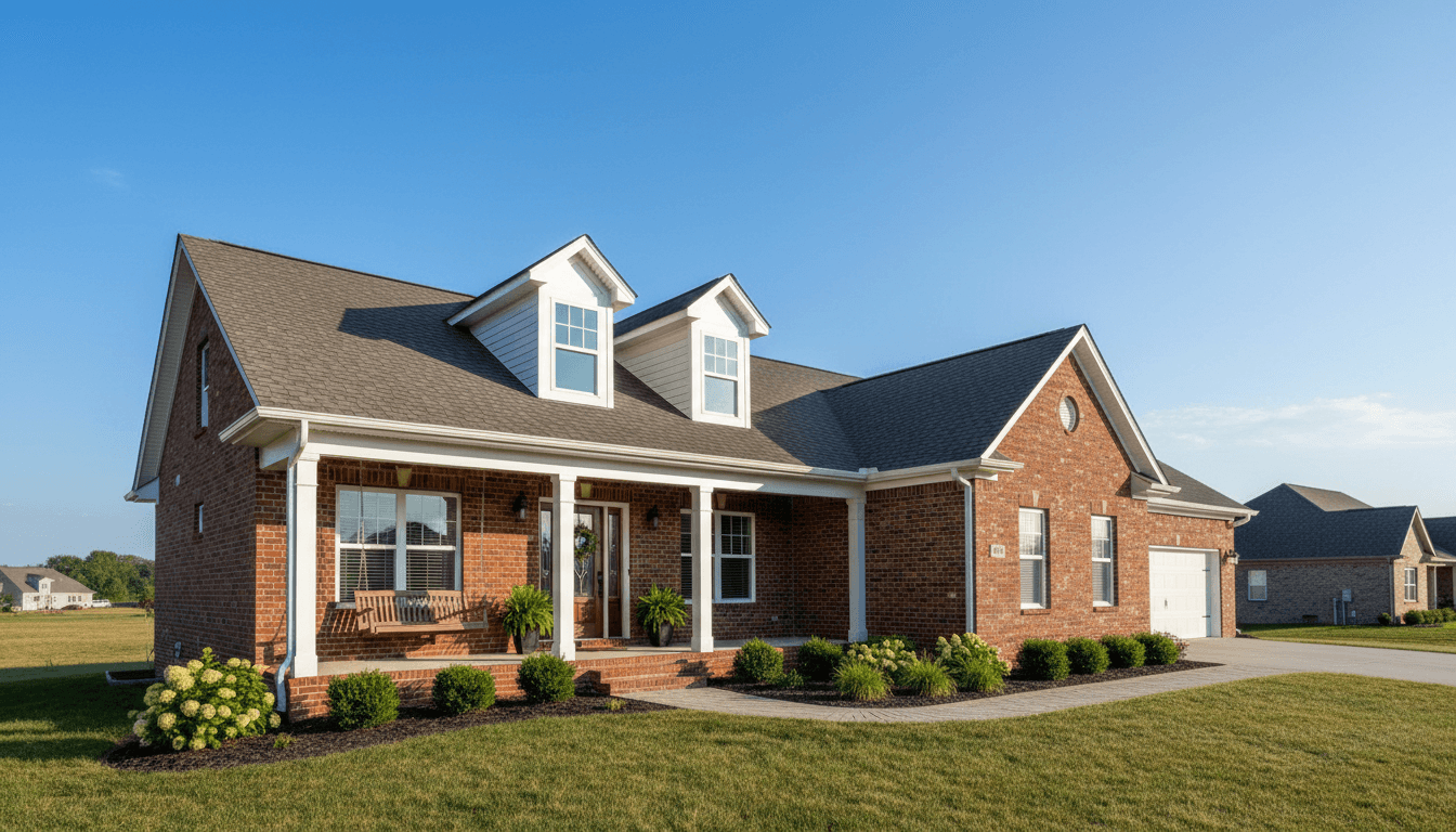New single-family home with brick exterior and front porch in a suburban setting