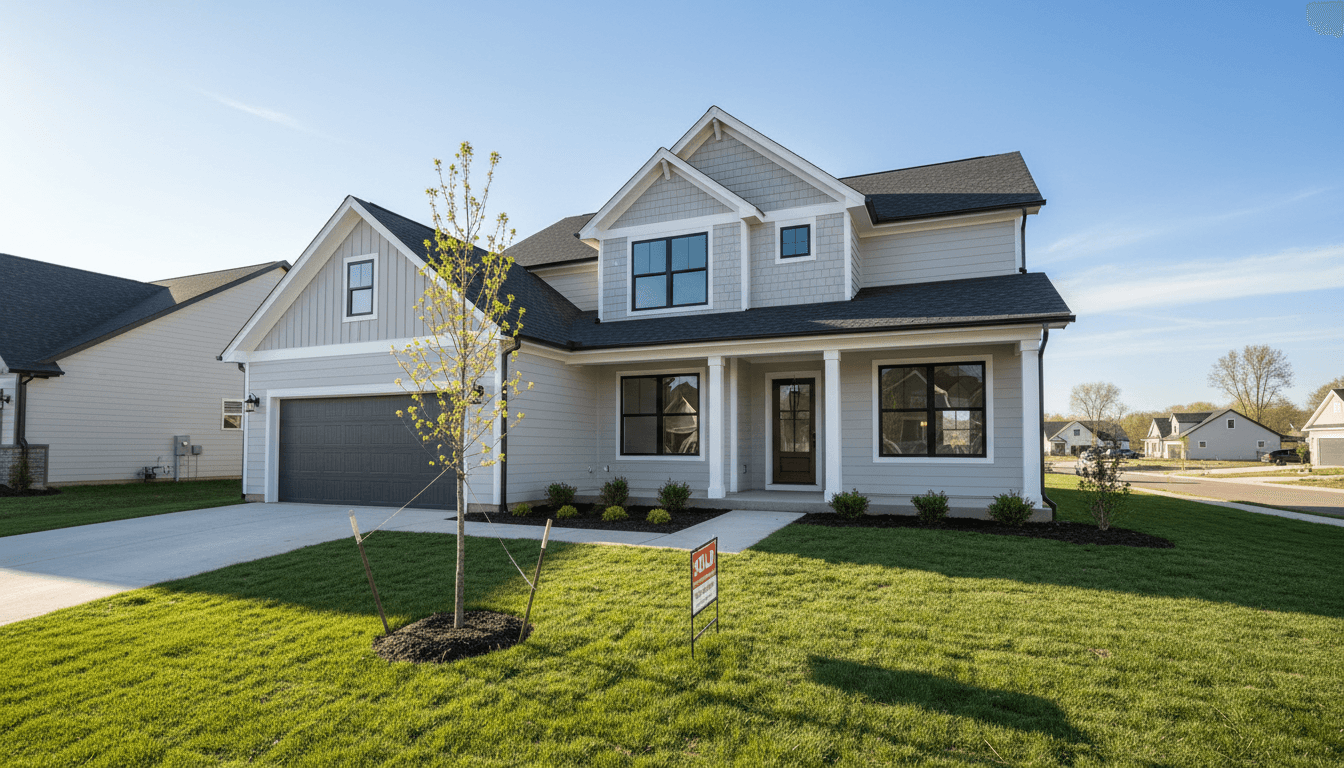 New single-family home exterior showing completed construction with front porch and landscaping