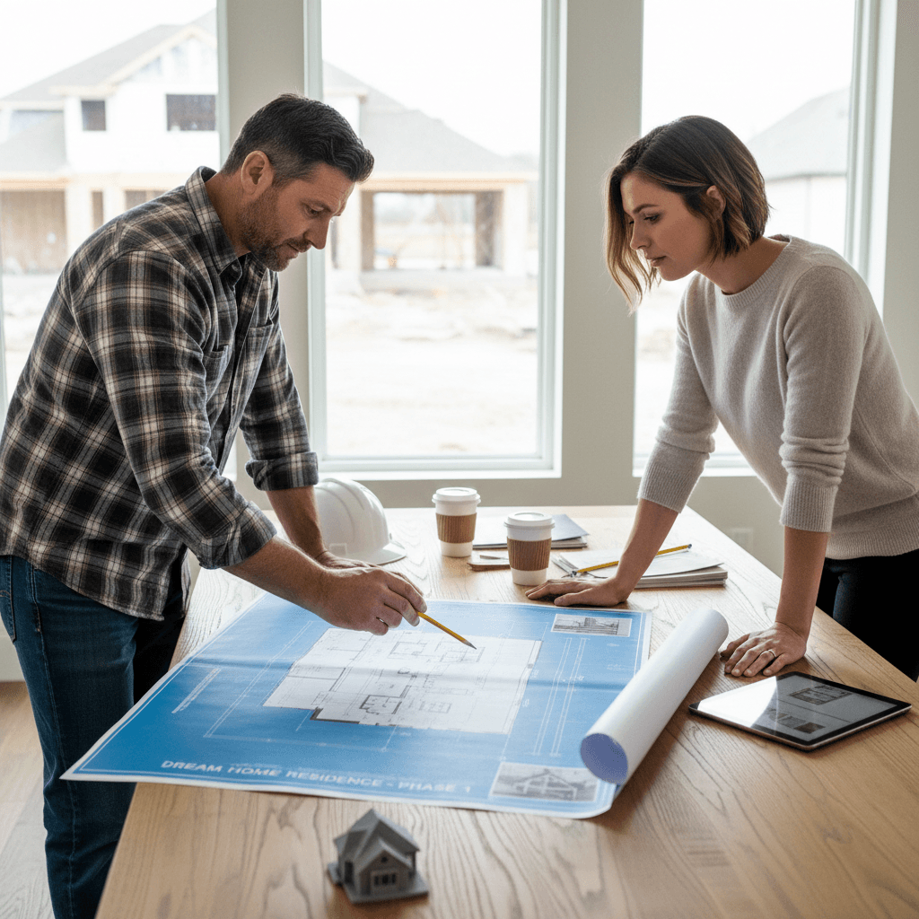 Two people reviewing construction blueprints at a table