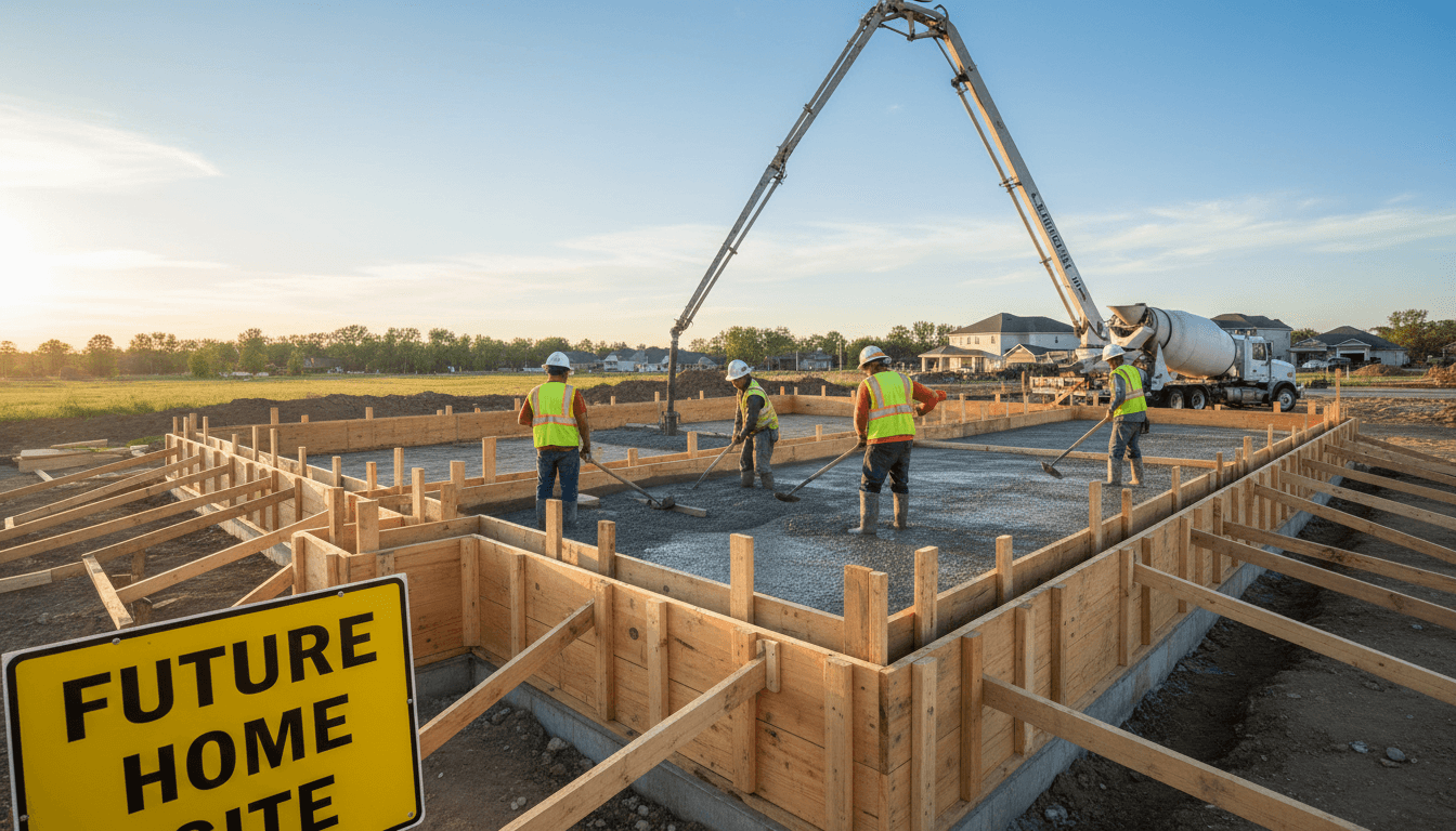 Pouring concrete foundation for a new home