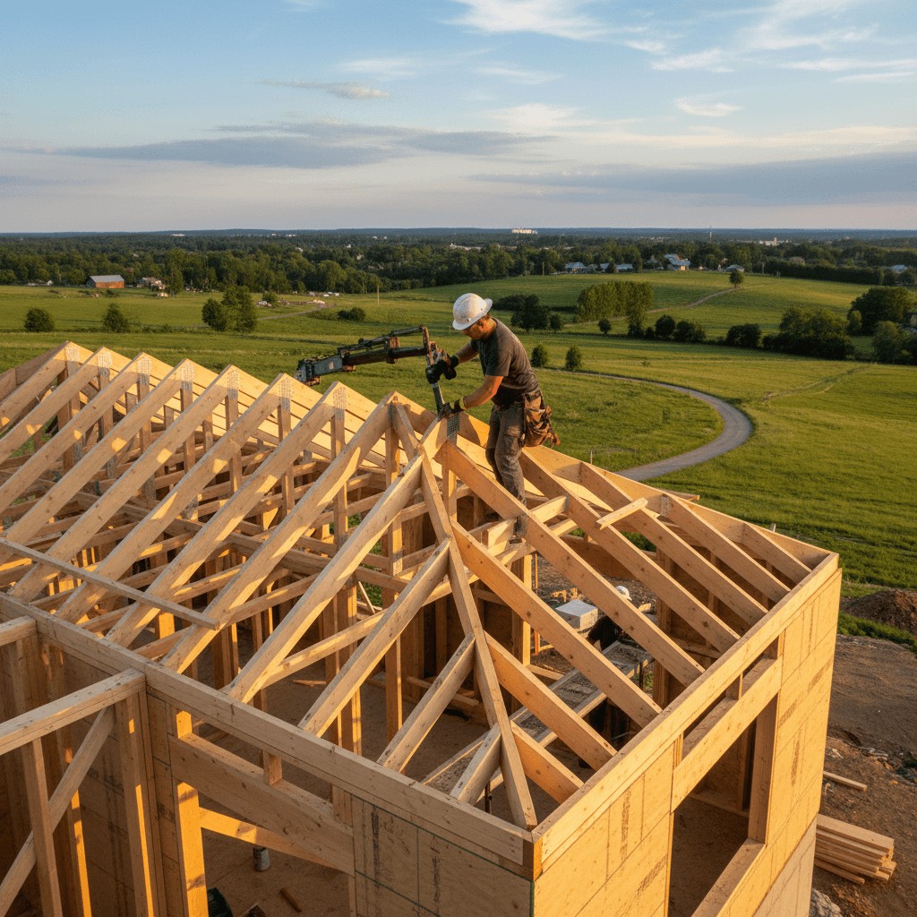 Framed house with roof trusses against a clear sky
