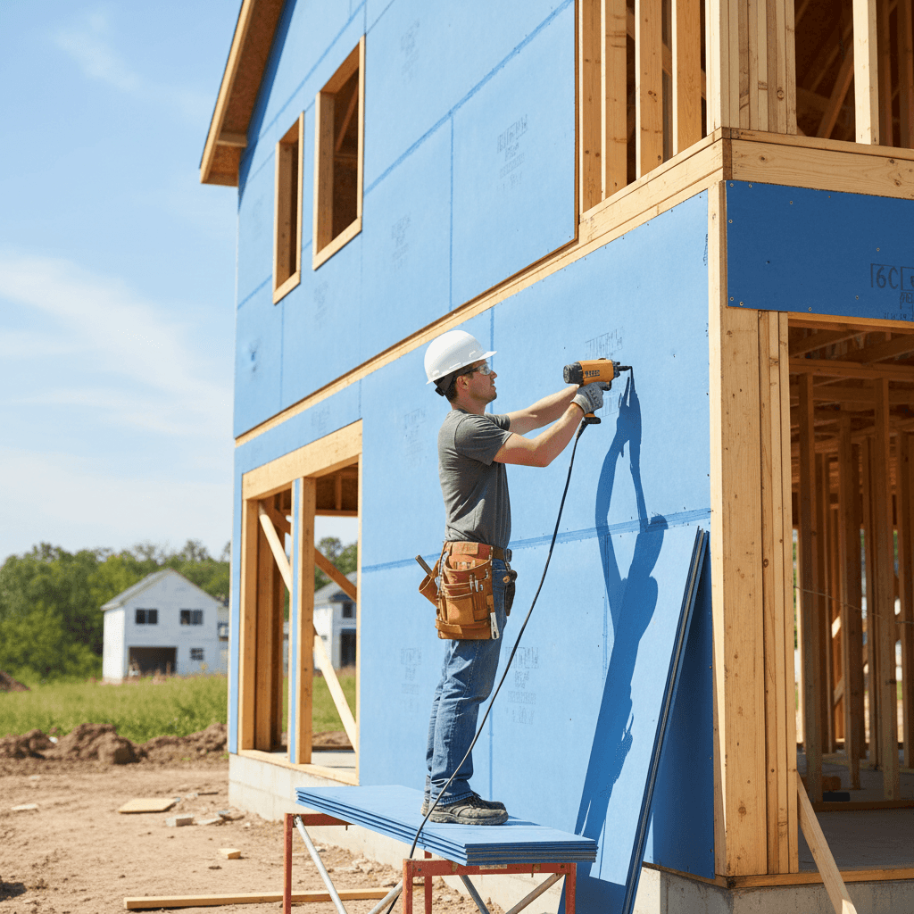 Worker in hard hat installing house siding
