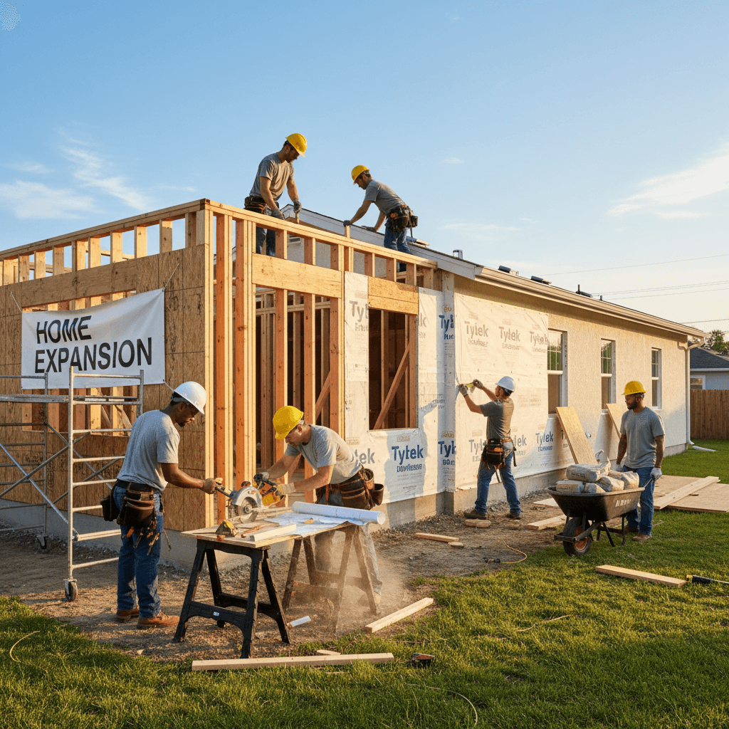 Workers framing a new room addition attached to a house