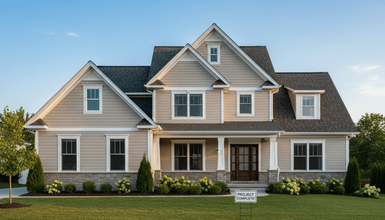 Completed residential home exterior displaying newly installed siding and roof in warm morning sunlight